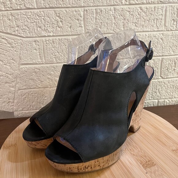 Franco Sarto Gabriel Black Peep Toe Leather Slingback Cork Heel Size 9.5 - Picture 5 of 9
